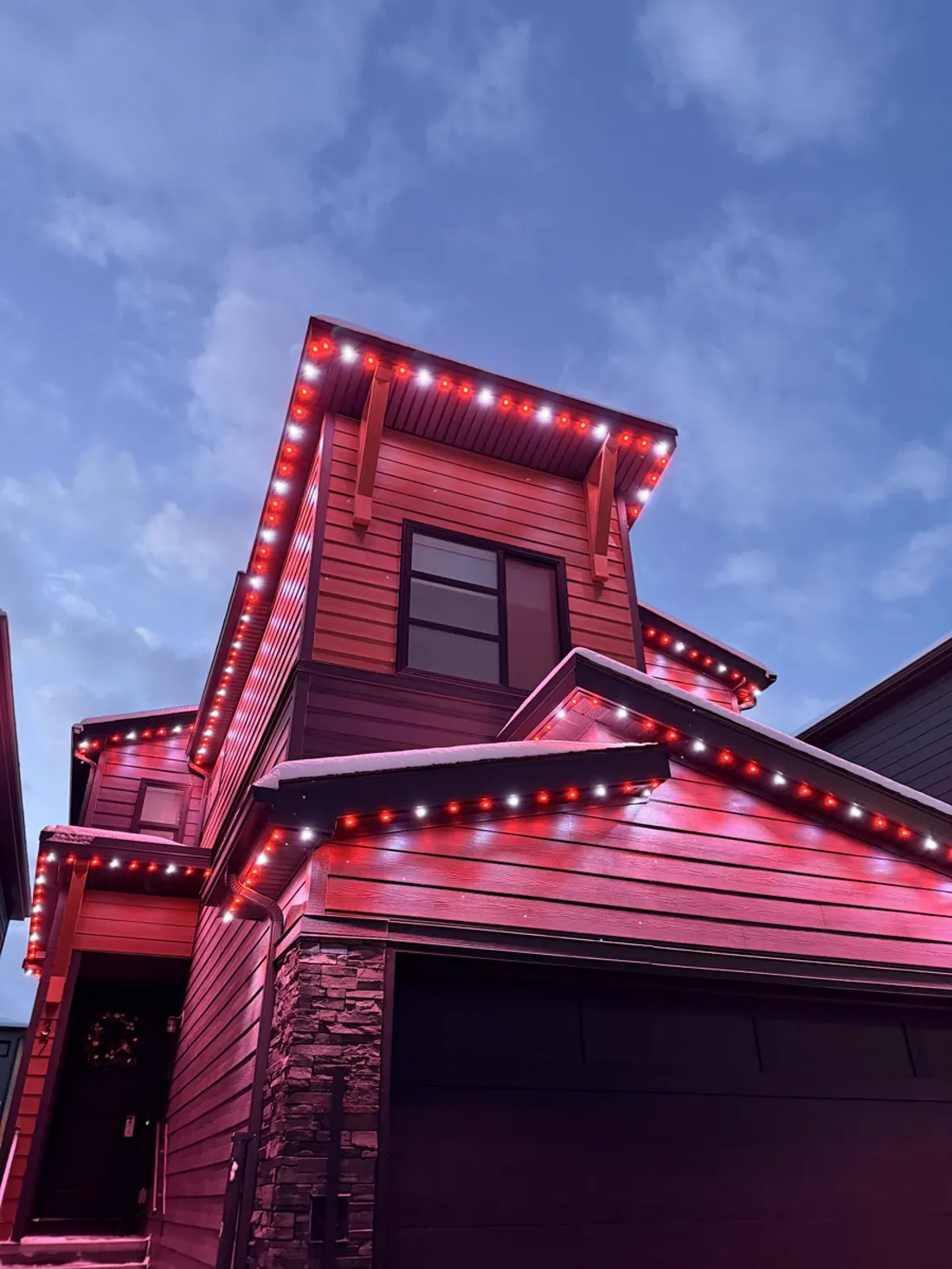 The same home glowing all red for game day