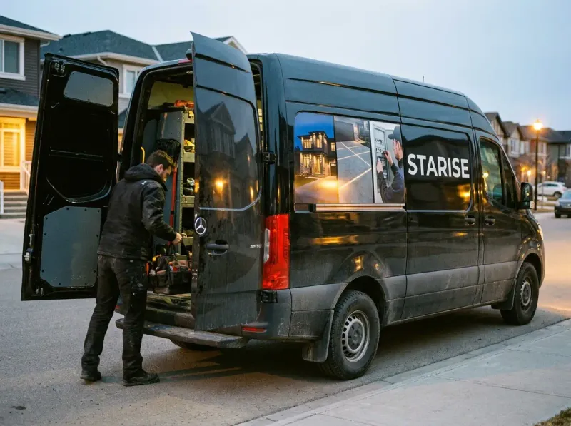 Starise installer grabbing tools from a branded Starise Mercedes Sprinter van