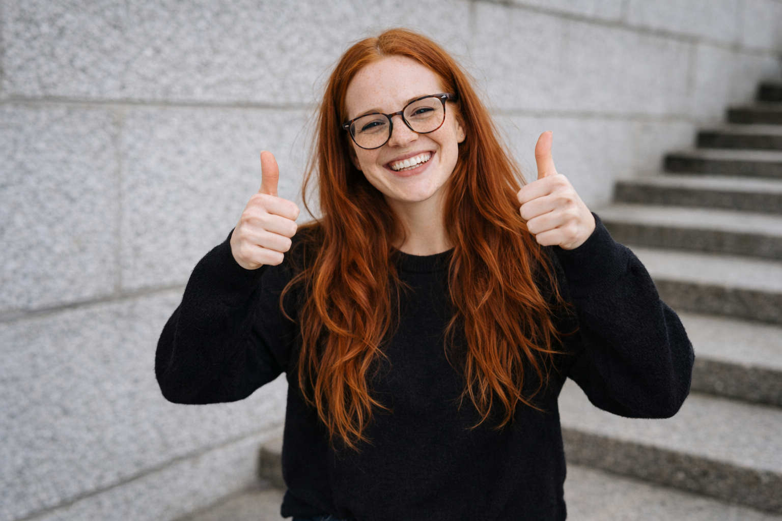 Meghan L., Head of Marketing at Starise Lighting, giving two thumbs up