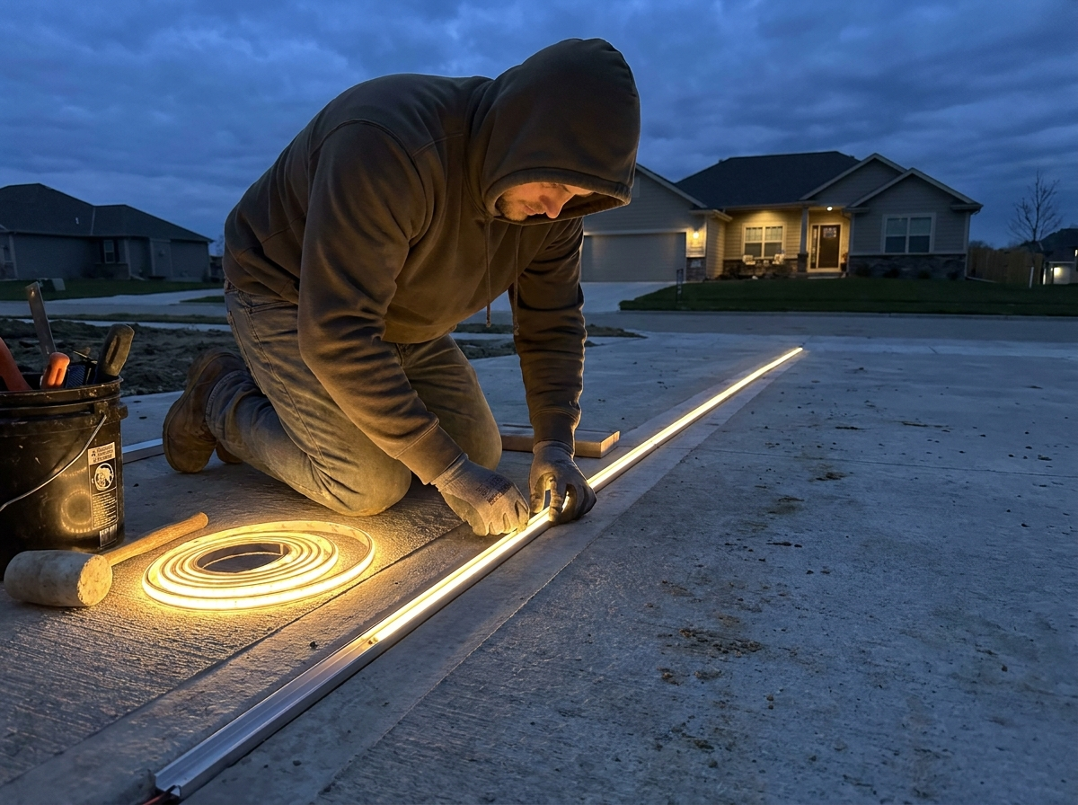 Installer setting a recessed LED channel and strip into a cut groove in a concrete driveway