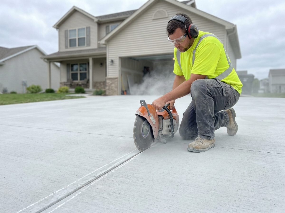 Installer saw-cutting a straight channel into a concrete driveway