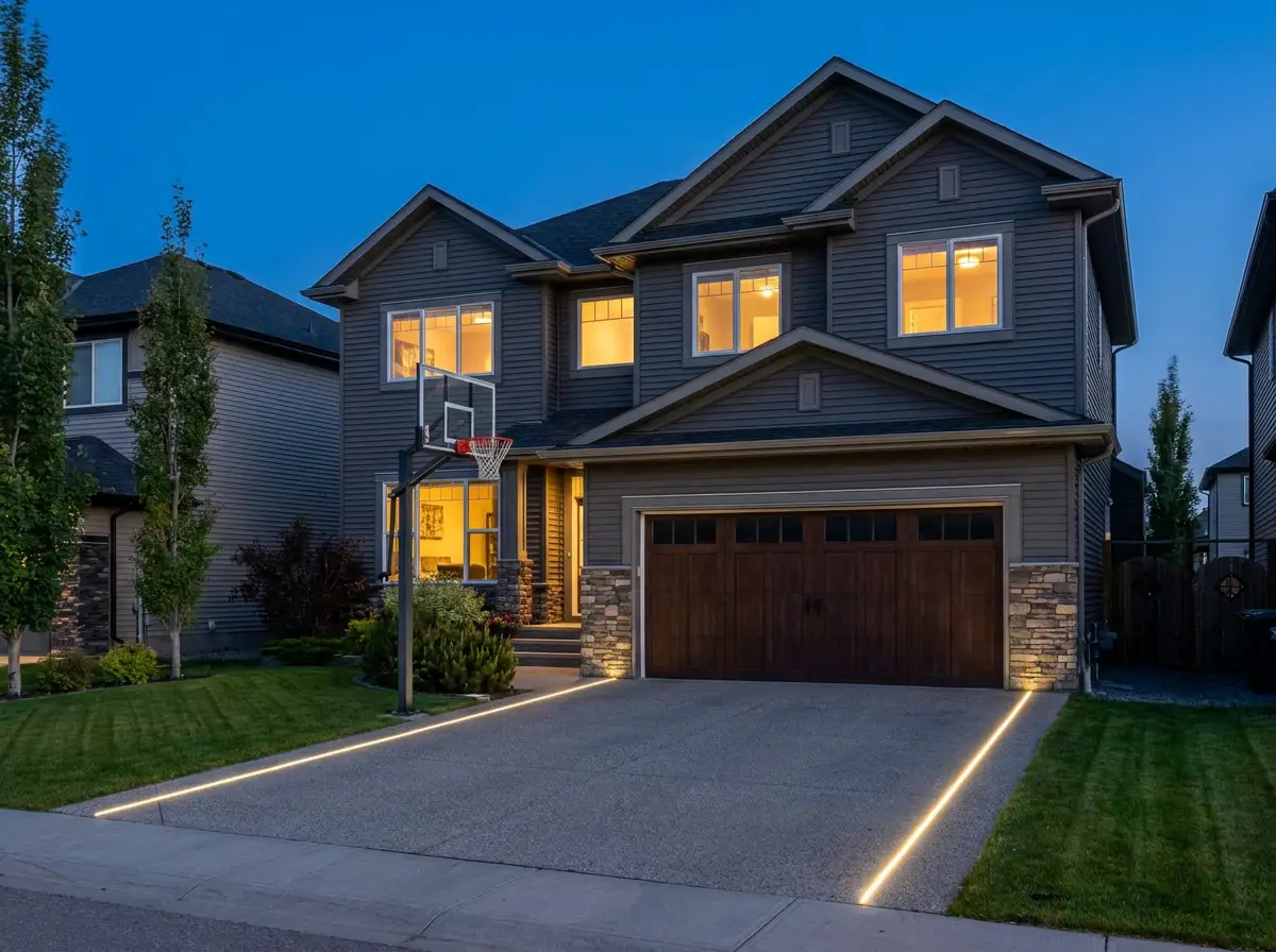 Two-storey Calgary family home with recessed driveway LED lines at dusk