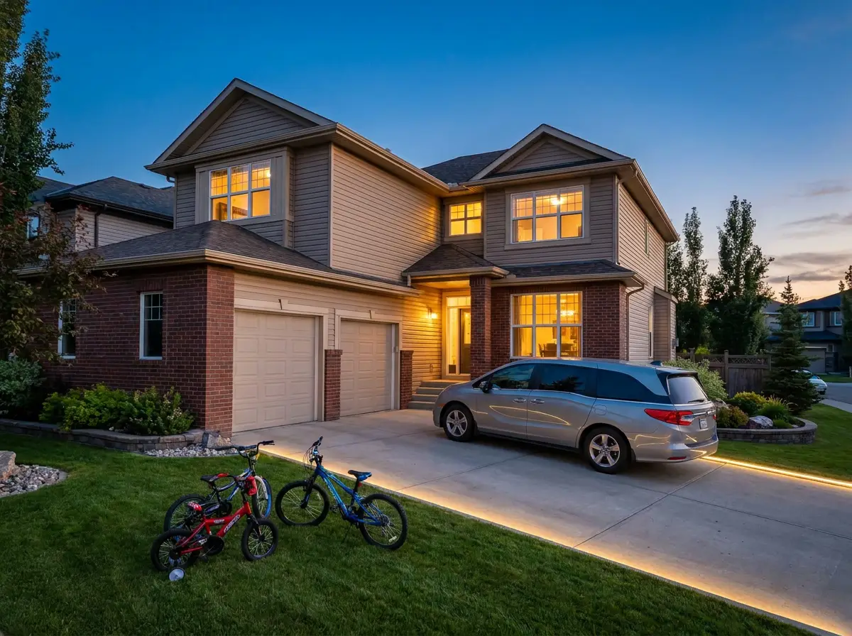 Family home with brick front, minivan and glowing driveway light lines
