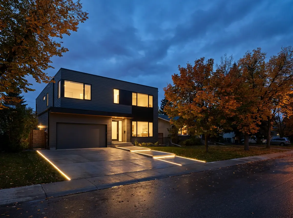 Modern two-storey home with driveway LED lines in autumn