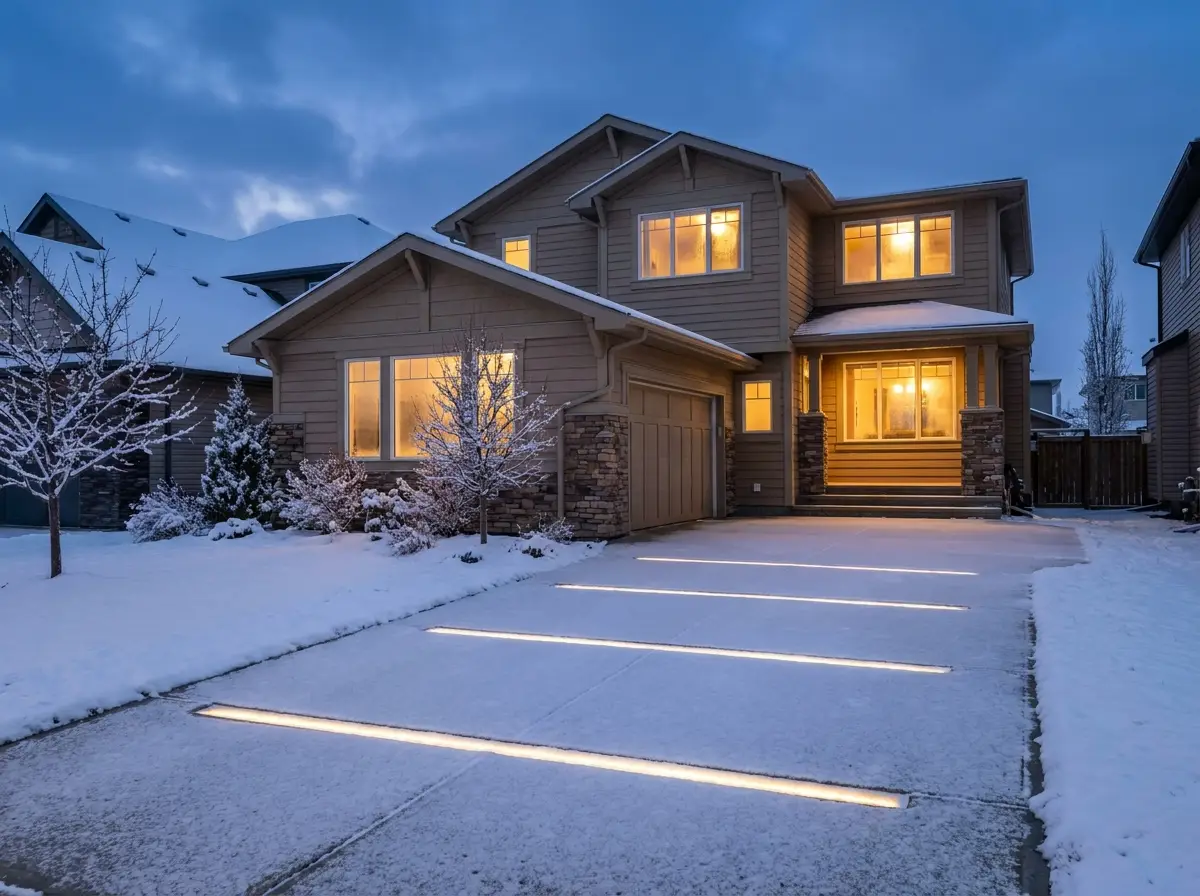 Craftsman family home with driveway lights glowing through light snow