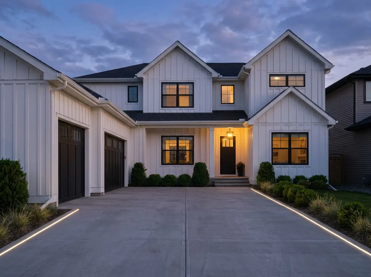 White two-storey home with triple-wide lit driveway
