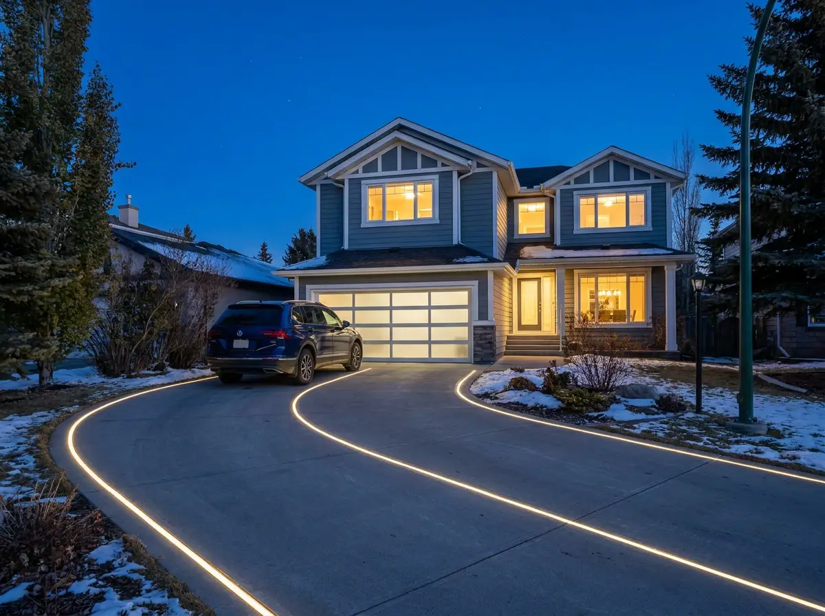Cul-de-sac family home with curved driveway traced in LED light