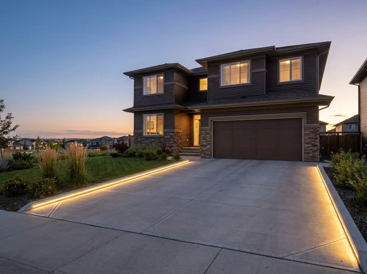Family home at sunset with glowing recessed driveway edges