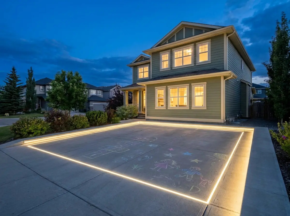 Two-storey home with full perimeter driveway light outline