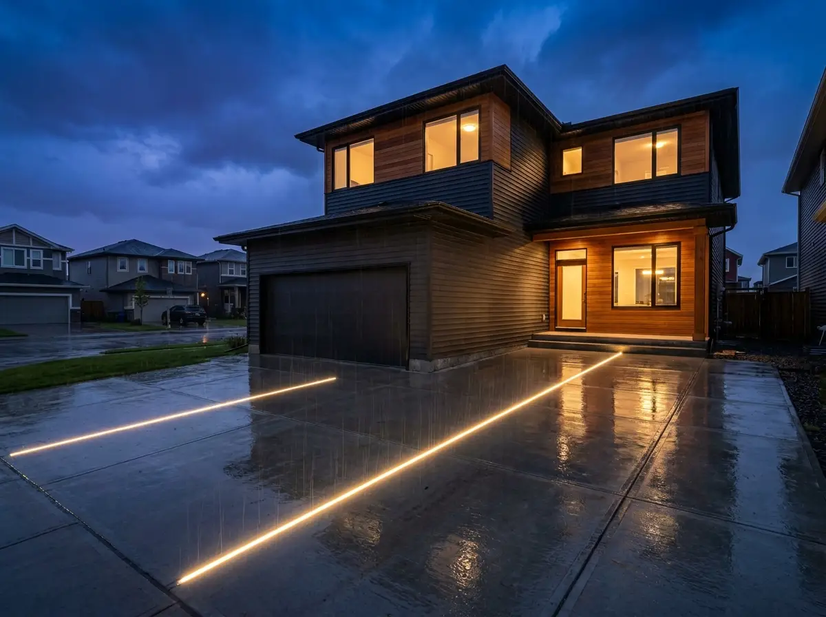 Driveway LED lines reflecting on wet concrete on a rainy evening