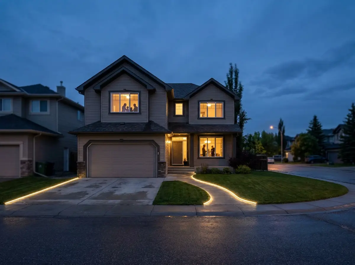 Family home with lit driveway and walkway lines to the front door