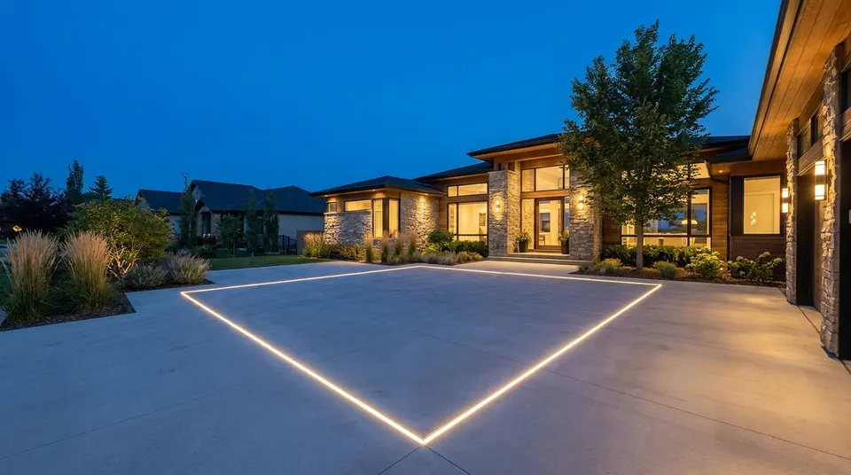 Driveway at dusk with recessed LED light lines cut into the concrete