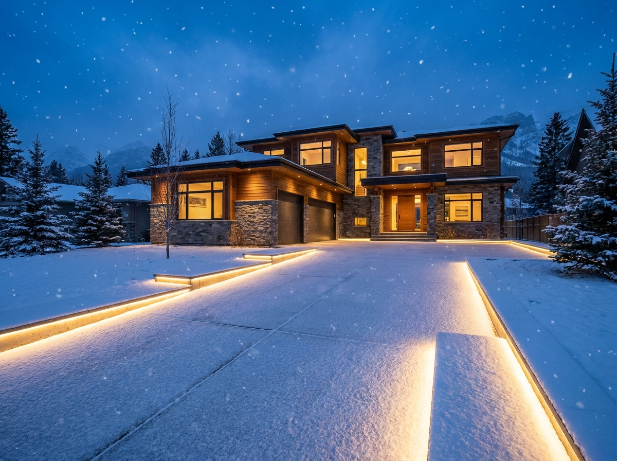 Recessed driveway LED lines glowing through a light dusting of snow at an Alberta home