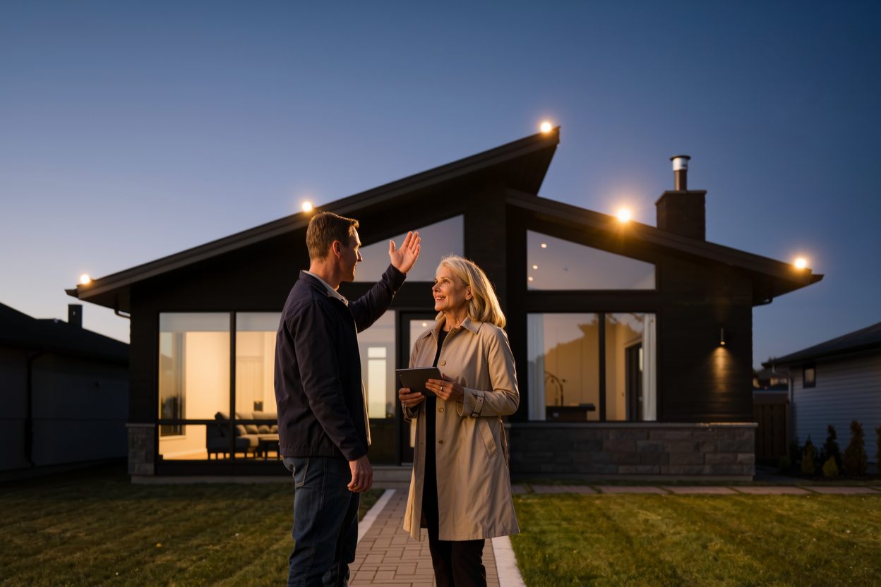 Starise installer reviewing a permanent lighting quote with a homeowner at dusk