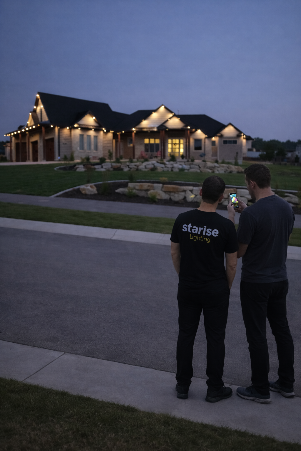 Finished Starise permanent lighting installation glowing on a Calgary home at night
