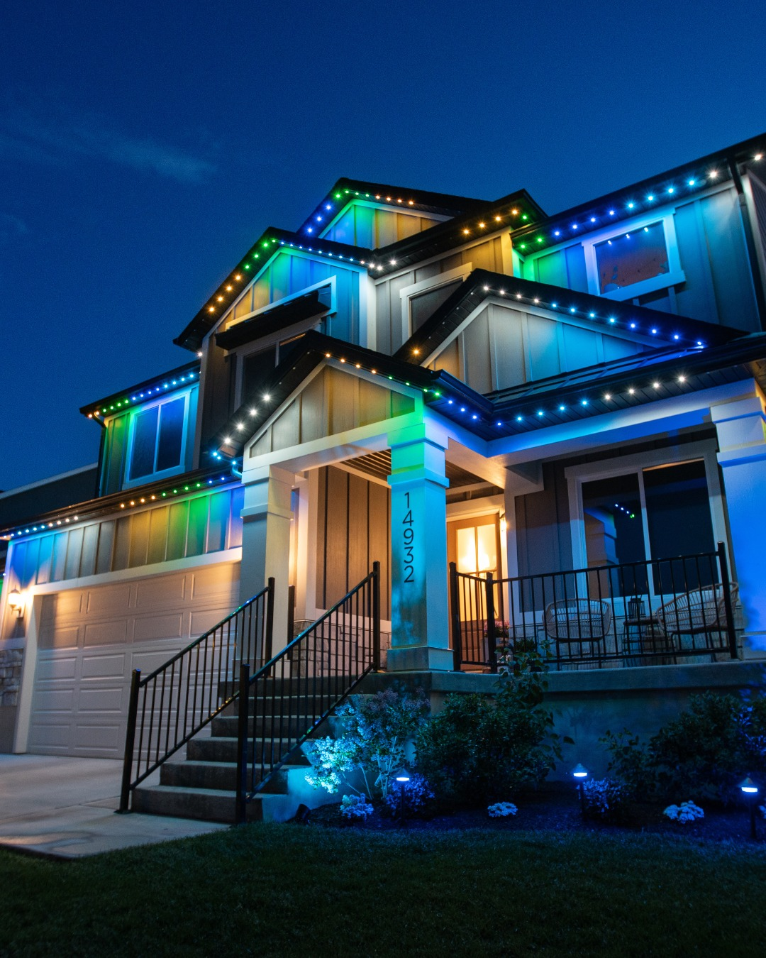 Permanent smart LED lighting set to custom event colours via Starise app