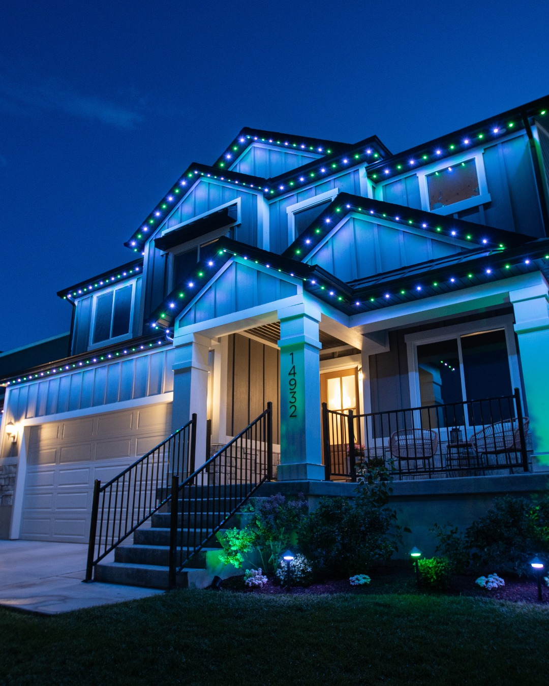 App-controlled permanent event lighting showing colour palette on Calgary home