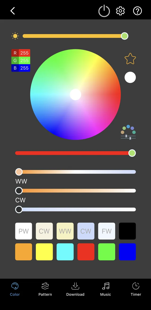 The lighting app's colour screen: a colour wheel, brightness, and warm white and cool white sliders