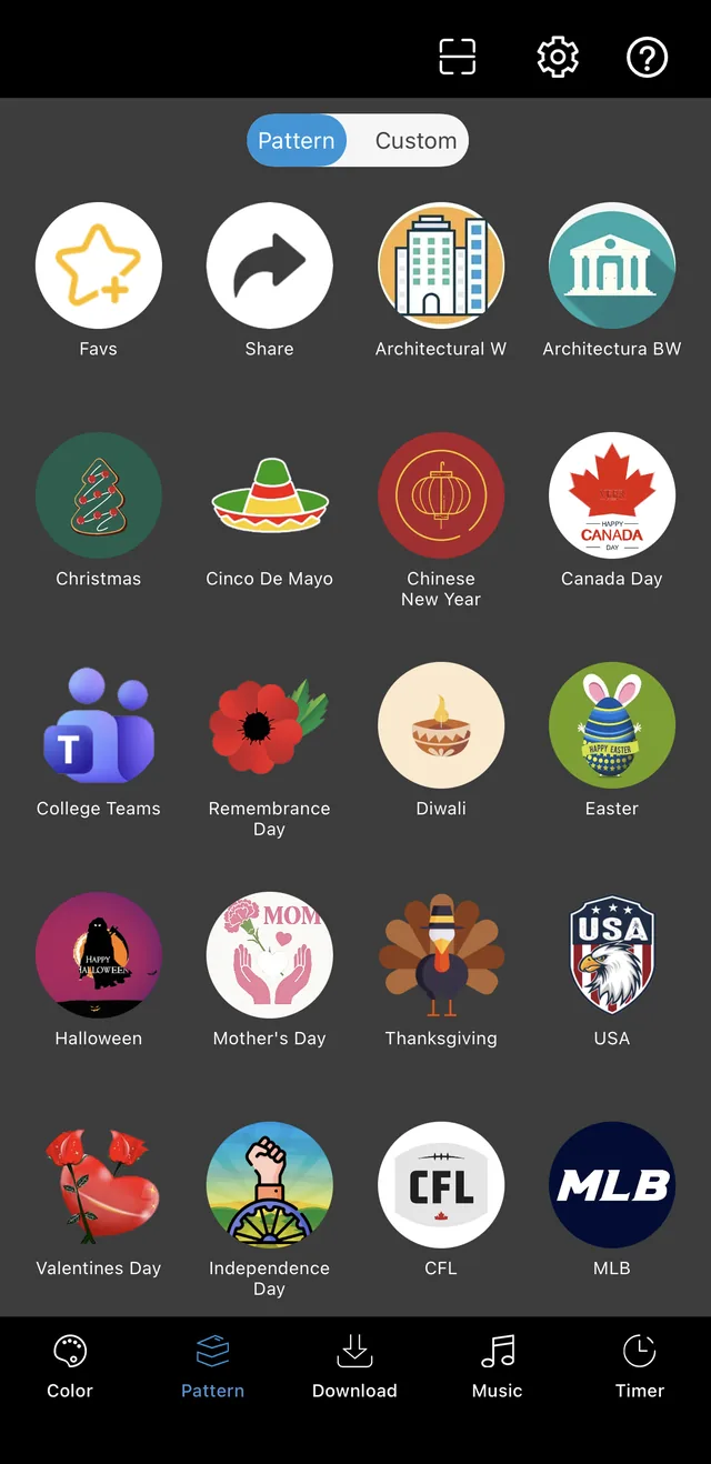 The app's pattern screen with holiday and event scenes such as Christmas, Canada Day, Halloween and Diwali