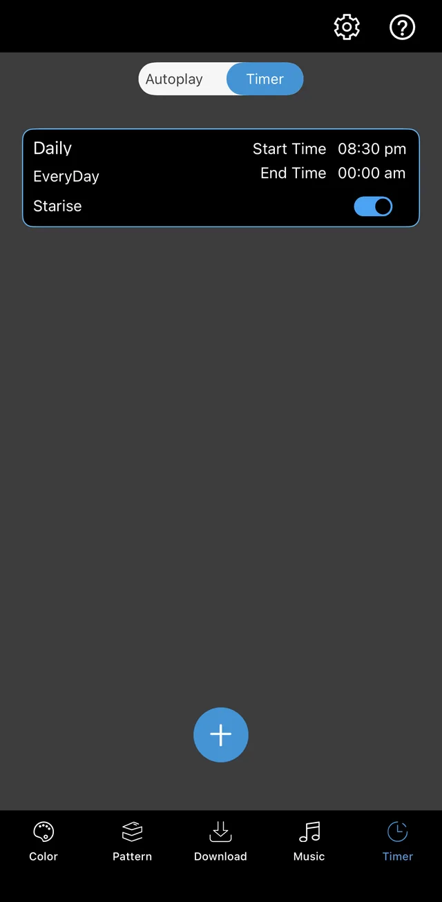 The app's timer screen with a daily schedule that turns the lights on at 8:30 pm and off at midnight