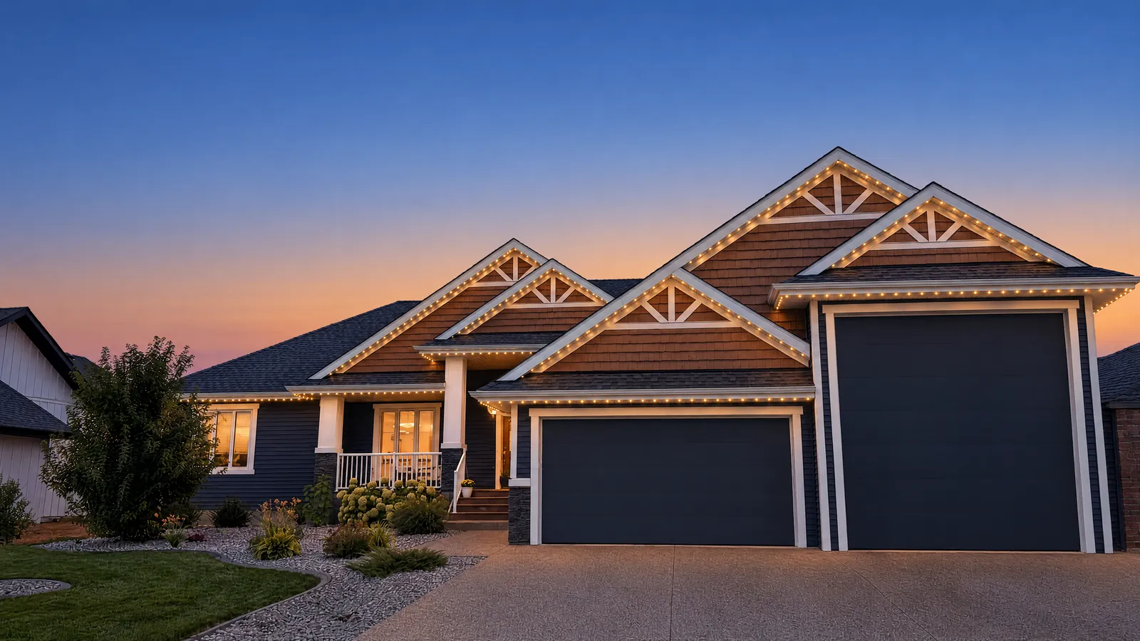 A craftsman home at dusk with warm white permanent lighting along every gable and eave