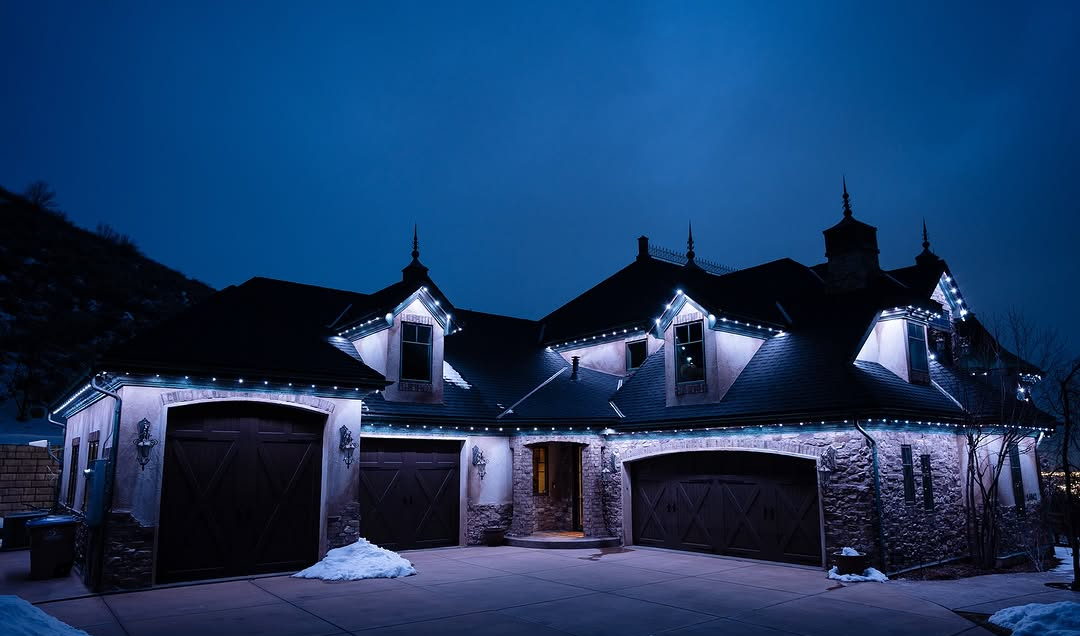 Permanent LED security lighting along driveway and walkway of Calgary home