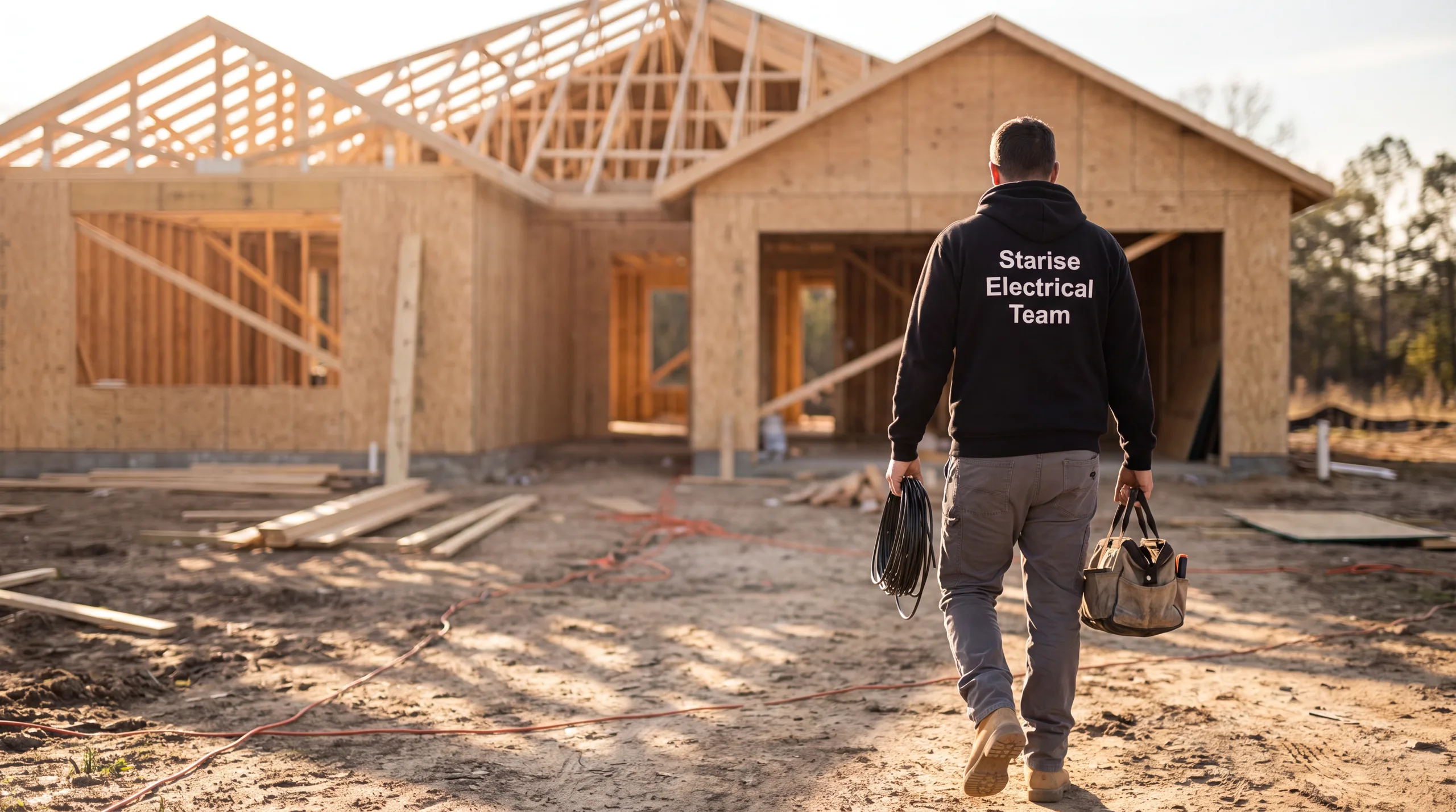 Starise electrical team member walking toward a newly framed house on site
