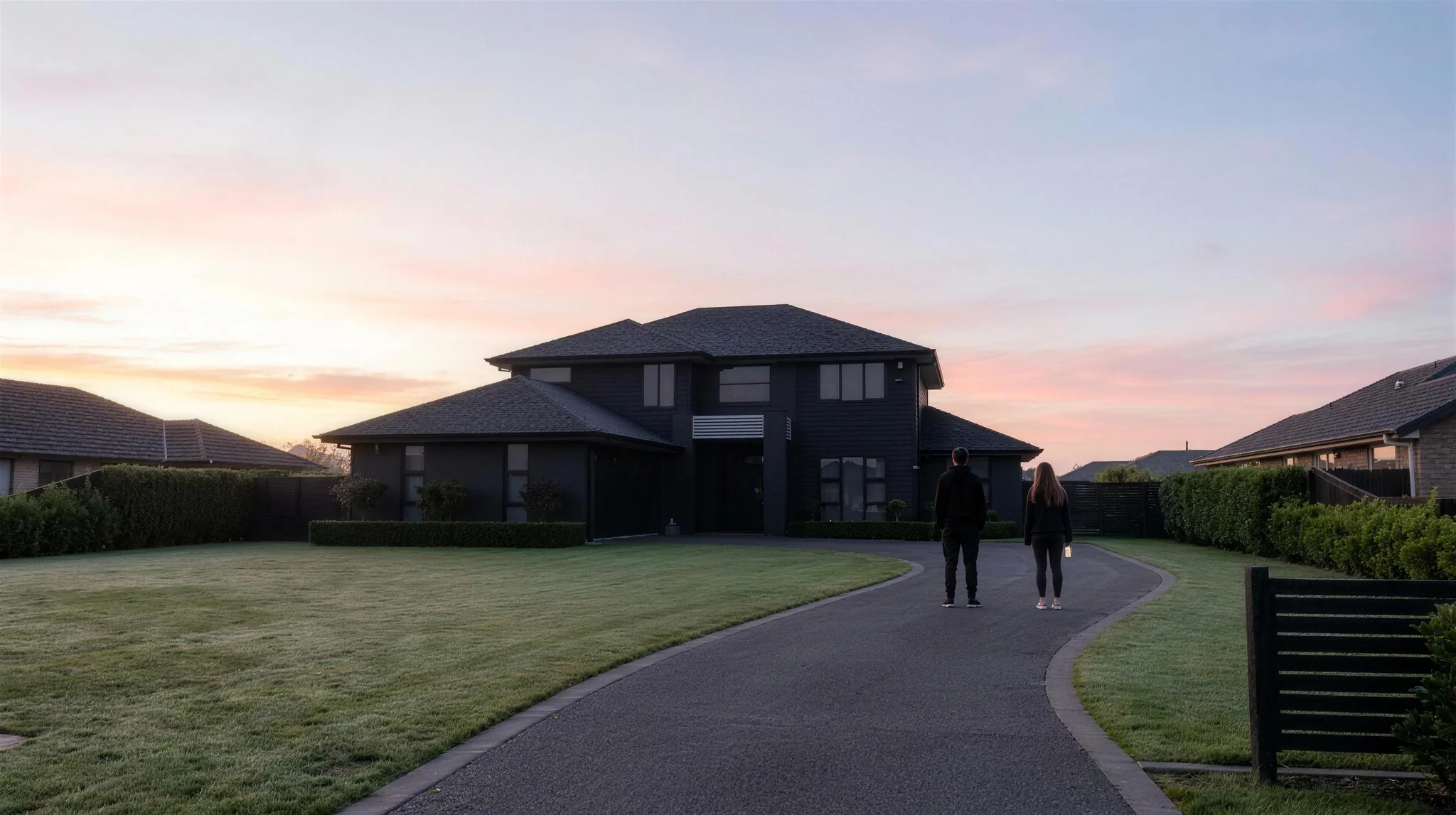 Starise installer and homeowner standing in the driveway at dawn, looking at the home before the lights come on